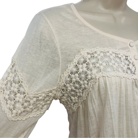 Cream Crochet Trim Henley Style Pop Over Top Scoop Neck Button Trim Loose fit - Picture 6 of 16